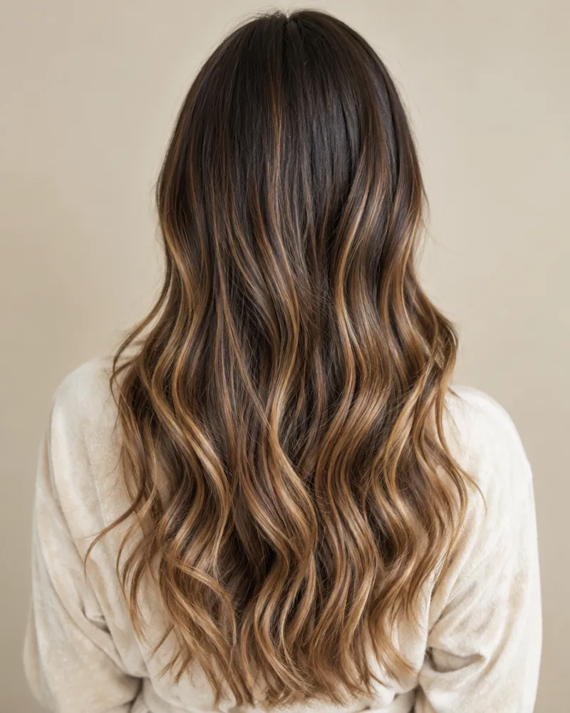 Soft caramel balayage on long dark hair