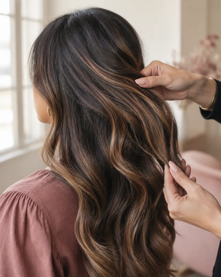Colourist checking fresh caramel balayage in daylight