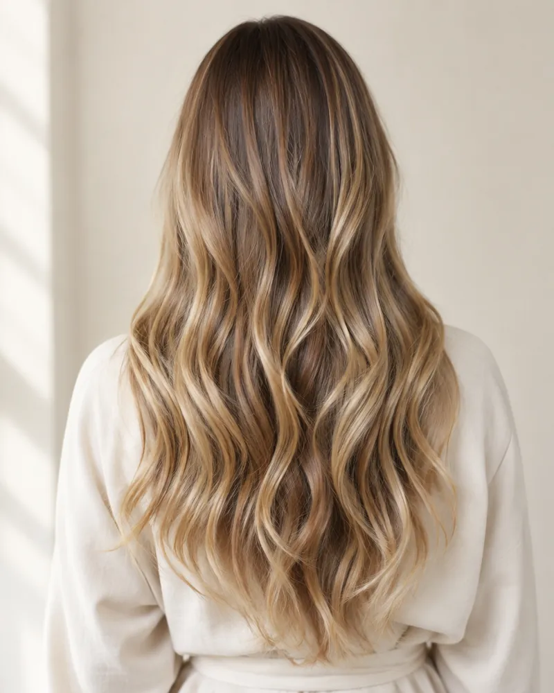 Bright soft blonde balayage on light brown hair