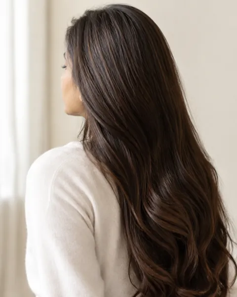 Long glossy chocolate brown hair, back view