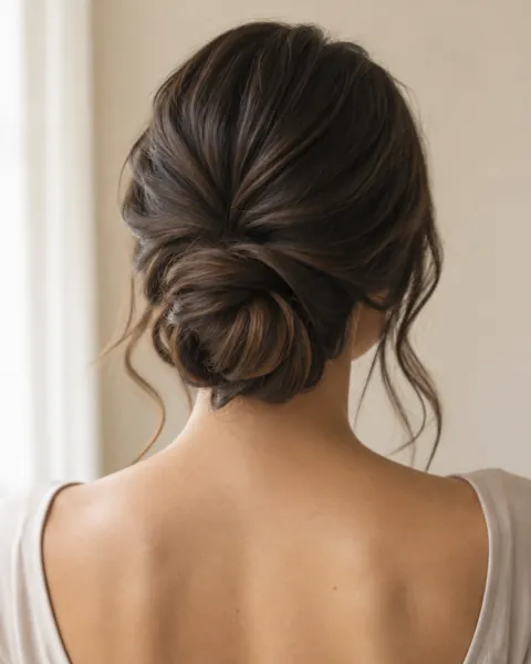 Softly textured low updo for an evening event