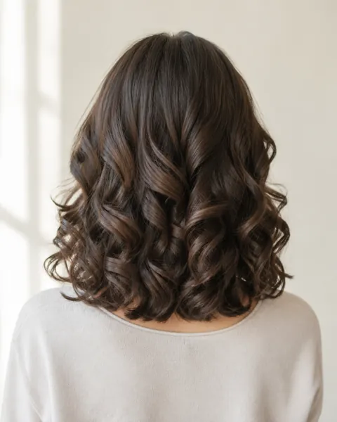 Soft, bouncy spiral perm curls on shoulder-length hair