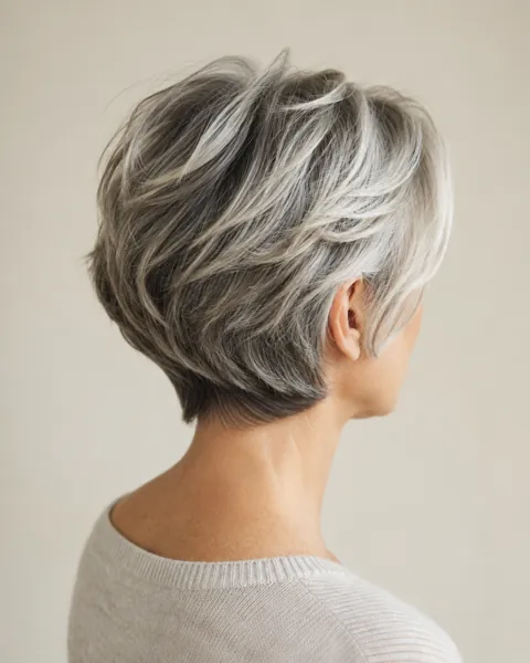Short layered cut with soft silver grey blending