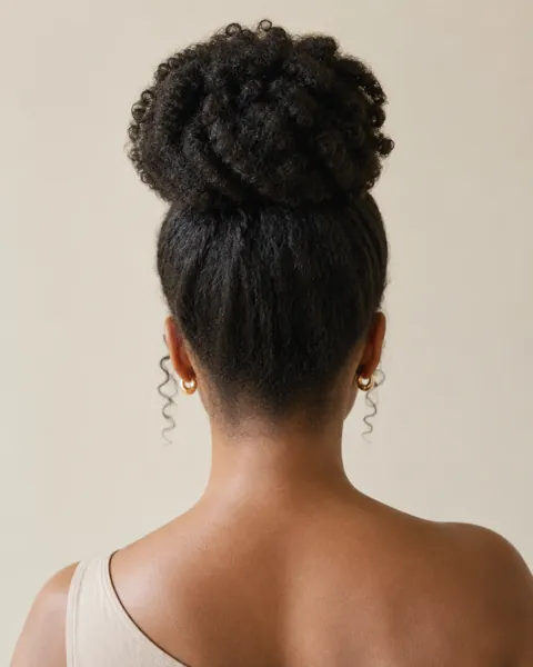 Sculpted high bun on natural coily hair